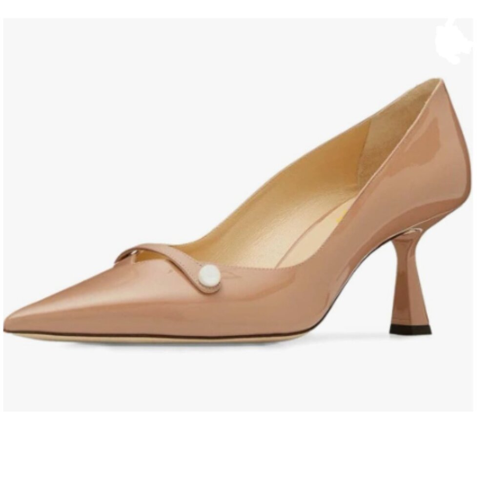 Wo Wagas Nude Pearl Pumps Mid Heels Glossy Slip On Pointed Toe Dance Shoes